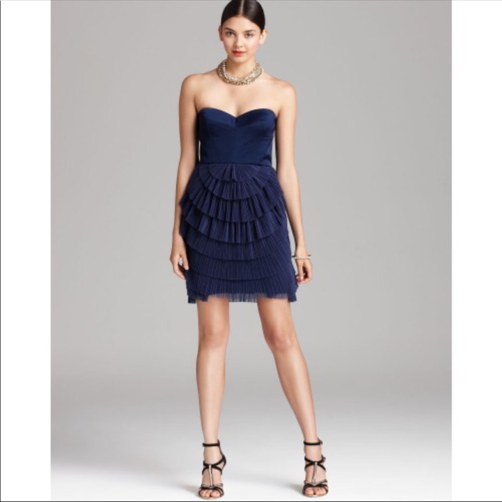 BCBGMAXAZRIA Navy Sas Ruffled Strapless Dress